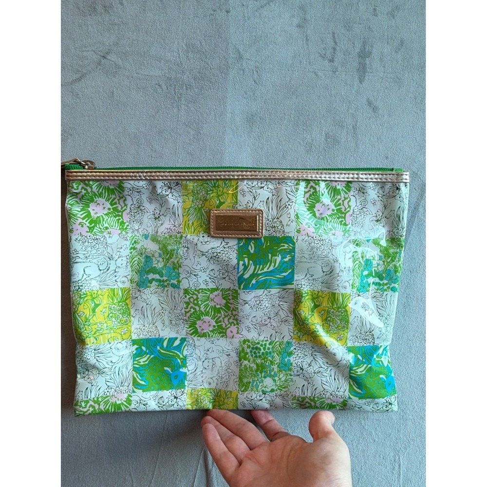 Lilly Pulitzer Patchwork Travel Pouch Green Pink Preppy Tropical Swimsuit Makeup